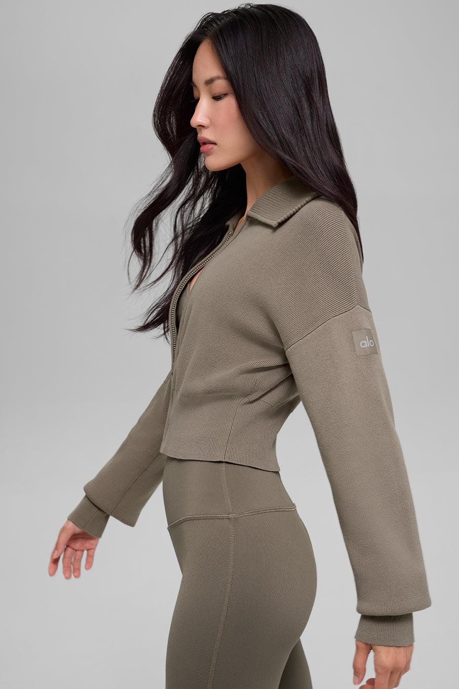 Scholar Knit Cropped Full Zip Jacket - Light Cocoa
