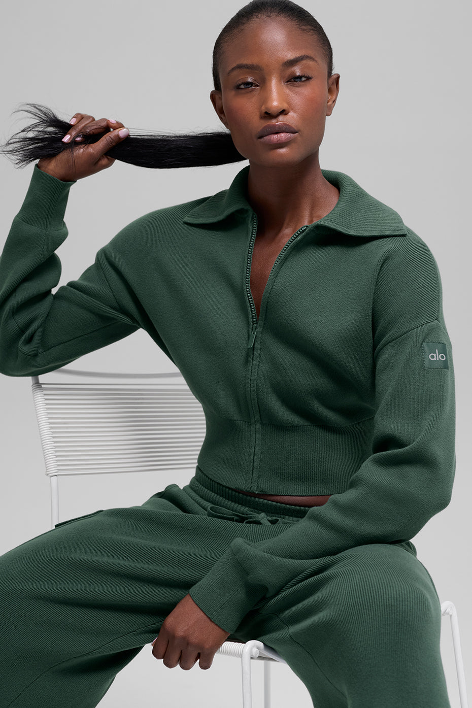 Scholar Knit Cropped Full Zip Jacket - Clover Green