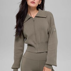 Scholar Knit Cropped Full Zip Jacket - Light Cocoa